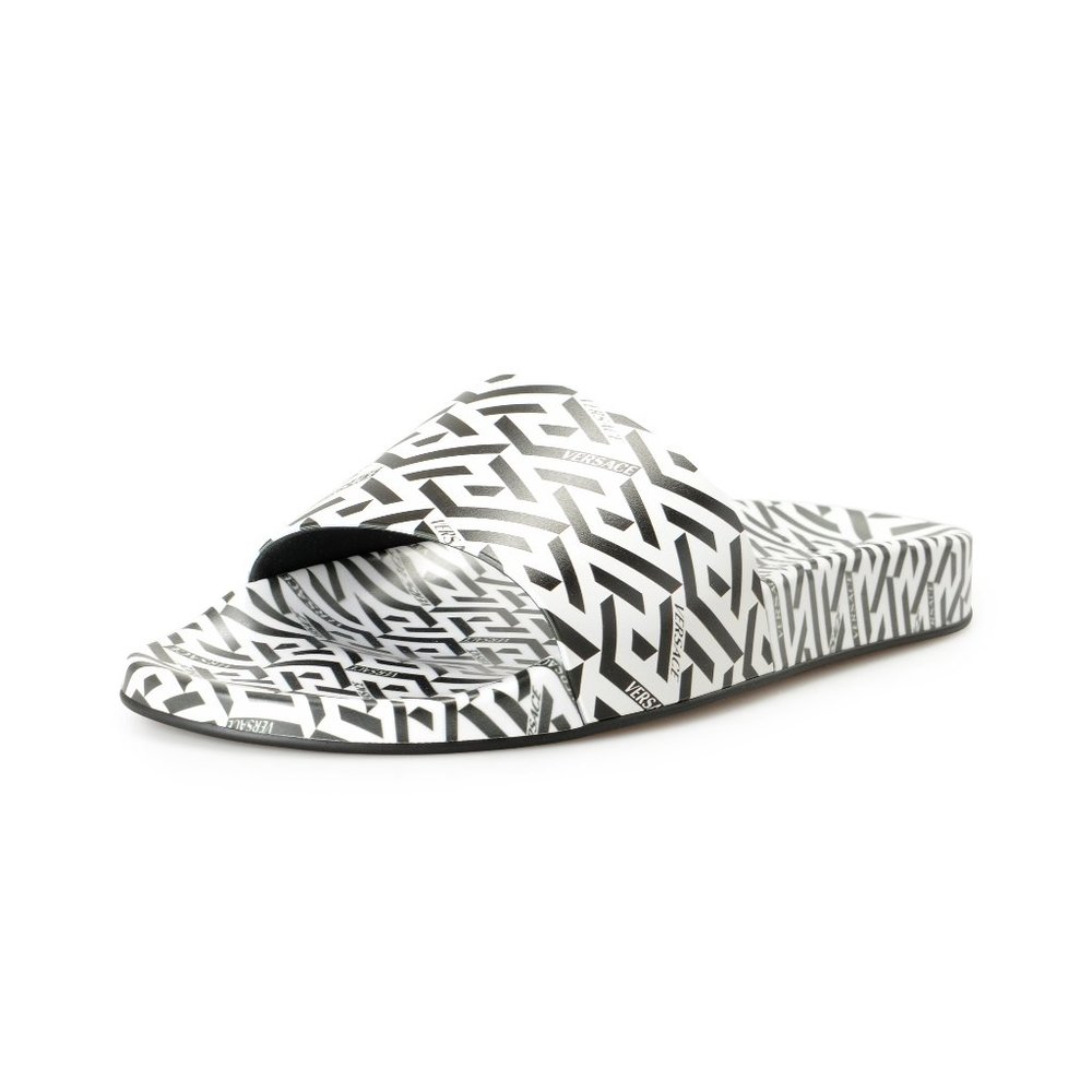 Versace Men's Black & White "La Greca" Logo Print Pool Slide Flip Flops Shoes